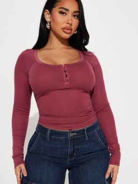 Fashion nova Dawn ribbed Long Sleeve Henley Top - mauve